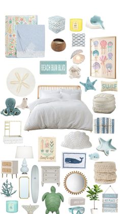 a collage of sea themed items including a bed, dresser and mirror