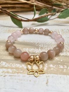 Peach Moonstone Bracelet, Rose Quartz Stretch Bracelet, Lotus Flower Charm, Healing Crystal Jewelry,