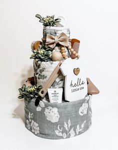 a basket filled with lots of items on top of a table