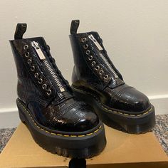 Practically New, Only Been Worn Once And Do Not Show Signs Of Wear. Rare Doc Marten Sinclair Croc Platform Boots That Are Not Sold Anymore. Comes With Original Box. Doc Marten Sinclair, Doc Martens Sinclair, Doc Marten Platform, Croc Platforms, Doc Marten, Dr Martens Shoes, Martens Shoes, Doc Martens, Moto Boots