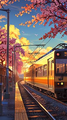 a train traveling down tracks next to a tree filled with pink flowers in the sky