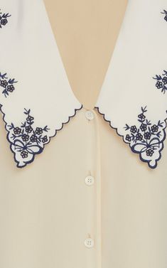 Top With Collar, Embroidery On Collar, Embroidered Collar Shirt, Chic Embroidered Collared Tops, Classic Embroidered Collared Tops, Collar Embroidery Design, Miu Miu Collared Tops For Work, Miu Miu Embroidery Details, Miu Miu Cotton Collared Tops