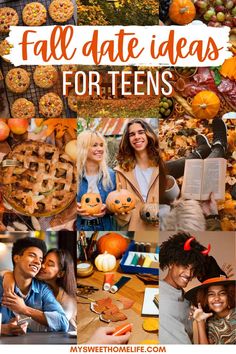 collage of fall date ideas for teens with pumpkins, apples and pies