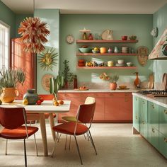 a kitchen filled with lots of colorful furniture and decor on top of a white table