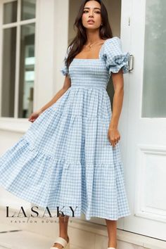 Lasaky - Stylish Gingham Dress with Fashionable Bubble Sleeves Spring Plaid Midi Dress Knee-length, Picnic Plaid Midi Dress With Ruffles, Plaid Midi Dress With Ruffles For Picnic, Fitted Gingham Midi Dress With Ruffles, Plaid Dress For Spring Garden Party, Casual Gingham Midi Dress With Ruffles, Gingham Square Neck Dress For Picnic, Spring Gingham Midi Dress With Square Neck, Fitted Gingham Midi Dress For Picnic