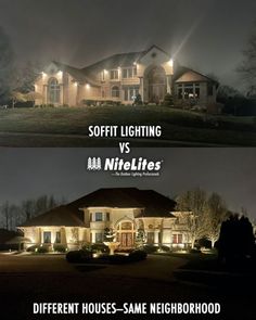 Image of Soffit versus NiteLites outdoor lighting. Outside Soffit Lighting, Side Of House Lighting Ideas, Front Of House Lights, Up Lighting House Exterior, Exterior Home Lighting Night, Front Porch Recessed Lighting, Eaves Lighting Outdoor, Recessed Soffit Lighting Exterior, Outdoor Soffit Lighting Ideas