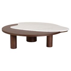 a white and brown coffee table with an oval shaped wooden base on the top, in front of a white background