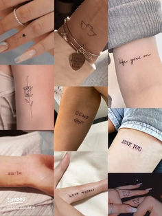 many different tattoos are shown on the arms and hands, with words written in them