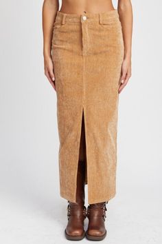 Be bold and turn heads with our online-exclusive Corduroy Mid Skirt with Front Slit. It's made of high-grade corduroy fabric for maximum softness, comfort and quality. Featuring a statement front slit, this timeless skirt evokes effortless style and sophistication. Get ready to make a statement! SIZE & FIT :      MODEL WEARS SIZE SMALL   MODEL'S HEIGHT 5'9    Made In: IMPORTED Fabric Contents: 53% RAYON, 17% POLYESTER, 27% NYLON, 3% SPANDEX Mid Skirt, Classic Skirts, Favorite Boots, Corduroy Dress, Corduroy Skirt, Cardigan Tops, Cropped Sweater, Sunnies, Maxi Skirt