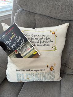 a pillow that has a book on it