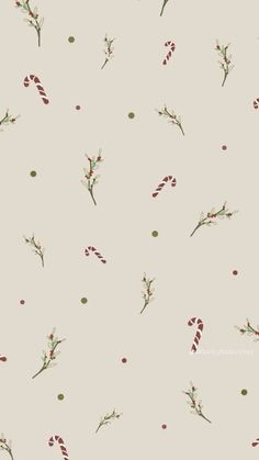 a white background with small red and green flowers on it's side, in the center is a candy cane