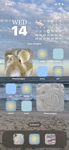 Ios 16 Wallpaper Summer Aesthetic, August Phone Theme, Blue Summer Homescreen, Summer Phone Theme Aesthetic, Coastal Home Screen, Beach Aesthetic Phone Layout, Beach Home Screen Ideas, Beach Iphone Layout