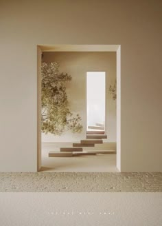 an open door with steps leading to a tree in the middle and another set of stairs on either side