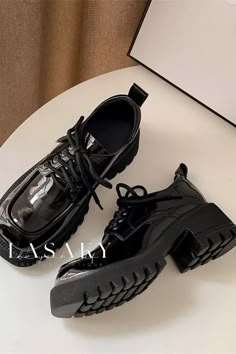 Lasaky - Premium Leather Oxford Shoes featuring Chunky Heel and Square Toe Design Y2k Shoes, Oxford Platform, Oxford Boots, Leather Oxford Shoes, Aesthetic Shoes, Black Platform, Kawaii Clothes, Black Matte, Artificial Leather