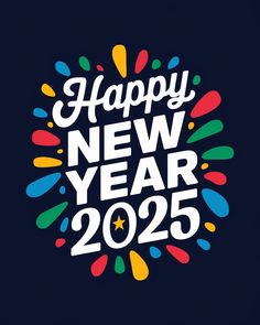 the happy new year logo with colorful confetti and stars on it's black background