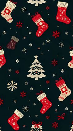 christmas stockings and snowflakes on a black background