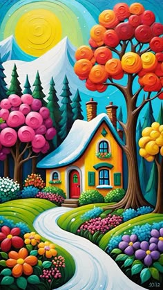 a painting of a house surrounded by trees and flowers