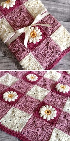 crocheted blanket with flowers on the side and in the middle, both are pink and white