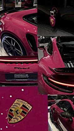 the front end of a pink sports car with an emblem on it's hood