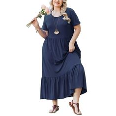 The Womens Plus Size Maxi Dress adds an instant flattering touch to your breezy styles! Boasting comfortable stretch soft fabrication, sweet short sleeves and a tiered design, this dress amp up the charming feel of your off-duty style rotation! Product Details Plain colored Crew neck Flounce Tiered design Short sleeve Relaxed fit Round neckline Draped/gathered Quilted hem/edge Pull over style A-line dress Maxi hemline Tonal seams Soft feel Material & Care Instruction Material: 95% Polyester, 5% Flowy Beach Dress, Long Fall Dresses, Beach Sundress, Sundresses Women, Plus Size Maxi Dress, Floral Print Dress Long, Short Summer Dresses, Long Sleeve Casual Dress, Plus Size Maxi