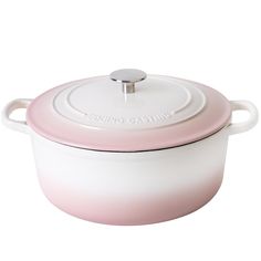 a white and pink casserole with a lid