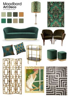 the mood board is filled with green, gold and white decorating items for an art deco