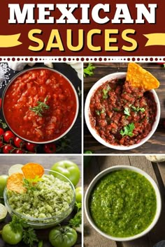 mexican sauces in different bowls, including salsa and guacamole