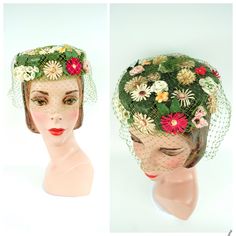 This Hat Features:  Mesh pillbox shaped body covered in colorful millinery flowers and green veiling  Label: None Hat Measurements: This style will fit most head sizes 21" - 24" * Condition: Excellent.  * This item is clean and ready to wear.  All sales are final.  Please use these measurements as a guide. When in doubt, measure a similarly styled hat that is comfortable and compare those measurements to these. If you have questions or want more pictures just ask! Please see my *policies* sectio Green Spring Fascinator With Handmade Flowers, Green Fascinator With Handmade Flowers For Spring, Green Handmade Flowers Fascinator For Spring, Vintage Spring Headband Headpiece, Vintage Summer Costume Hats And Headpieces Headband, Vintage Summer Headband Costume Hats And Headpieces, Vintage Summer Costume Headband, Vintage Costume Headband For Summer, Green Spring Headpiece For Garden Party