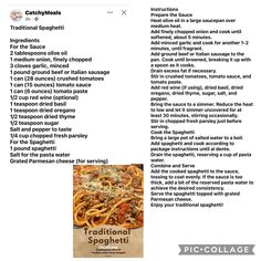 the recipe for traditional spaghetti is shown in this page