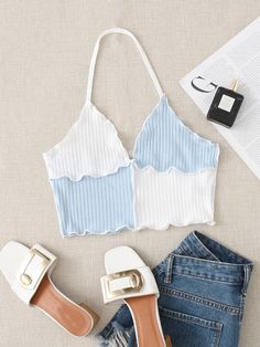 Blue and White Casual   Polyester Colorblock Halter Embellished Slight Stretch Summer Women Tops, Blouses & Tee Crop Top And Leggings, Swimsuits Outfits, Girls Crop Tops, Dress Design Sketches, Top Halter, Crop Top Outfits, Cute Crop Tops, Indie Outfits