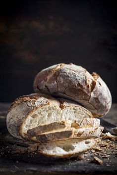 two loaves of bread sitting on top of a table