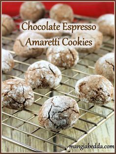 chocolate espresso amarettii cookies on a cooling rack with text overlay