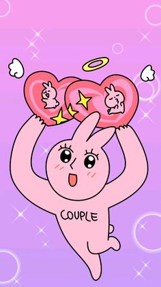 a cartoon bunny holding up two heart shaped pillows with the word couple on it's chest