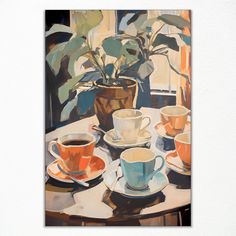 a painting of cups and saucers on a table with a potted plant in the background