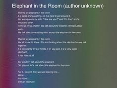 the poem elephant in the room author unknown is displayed on an image with rainbow background