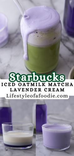 the ingredients to make starbuck's ice cream are shown in three different pictures