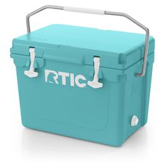 a blue cooler with the word rtic on it and two handles attached to it