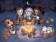 some people are sitting around a campfire