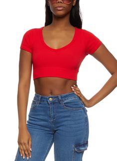 Ambiance, Short Sleeves, V-Neck, T-Shirt, Cropped Hem, Seamless, Solid, Ribbed Knit, Item Number 1305054265358 Stretch Seamless Low-cut Tops, Casual Red Seamless Tops, Red Seamless V-neck Top, Trendy Red V-neck Crop Top, Red Seamless Scoop Neck Top, Red Ribbed V-neck Top, Trendy Red Seamless Tops, V Neck Crop Top, Cropped Shirt