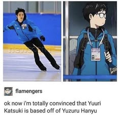 an image of a man skating on ice with caption that reads, flanners ok now i'm totally convinced that yuri katsuki is based off of