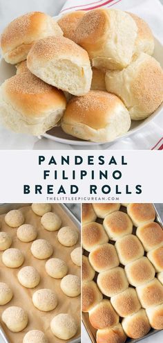 several different pictures of rolls on a plate with the words, pandesal filipino rolls