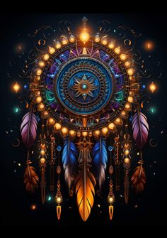 an image of a colorful dream catcher with feathers and lights on the dark background illustration