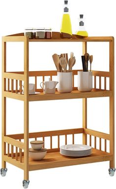 a wooden shelf with dishes and utensils on it