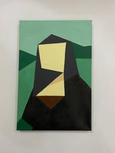 a painting on a white wall with green and yellow colors in the background is a man's face