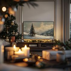 a living room decorated for christmas with lit candles and a painting on the wall behind it