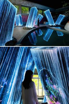 two pictures of the inside of a building with blue lights on it and a woman standing in