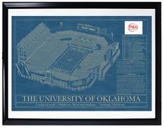 the university of oklahoma stadium blueprint is shown in a black frame with an inscription underneath it