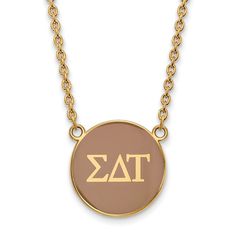 Show your greek life spirit with this Sigma Delta Tau Sorority necklace. It is crafted with yellow gold plated silver and is 18 Inches in length. The pendant is 19mm in width and 19mm in height (0.75 in x 0.75 in) and dangles from a 1.95mm wide cable chain. We are a certified Collegiate jewelry retailer and this authentic item is licensed by the Sigma Delta Tau Sorority and Greek Life. This enameled pendant necklace is made the USA. Black Statement Earrings, Sigma Delta Tau, Zodiac Pendant Necklace, Trending Necklaces, Large Necklace, Bow Jewelry, Enamel Necklaces, Initial Pendant Necklace, Disc Necklace