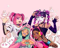 three girls with pink hair and bunny ears are posing for the camera, one is holding her hands up