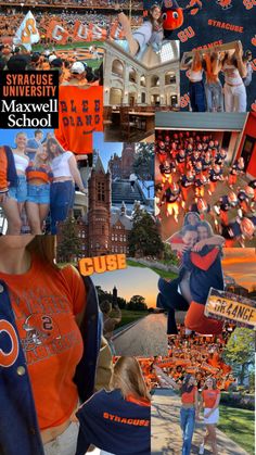 collage of images from the university of orange and blue football team, including cheerleaders